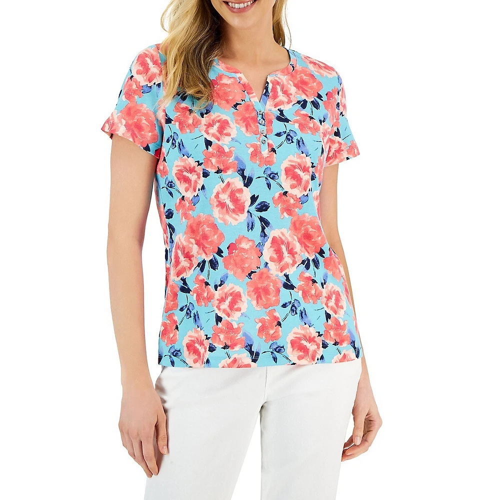 Petite ​Floral Short-Sleeve Henley Top