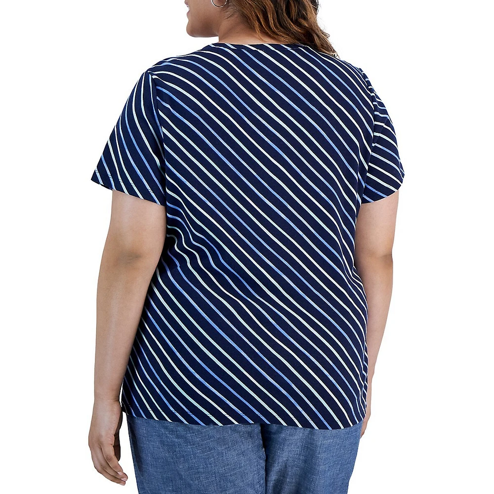 Plus Slanting Stripes Short-Sleeve Henley Top