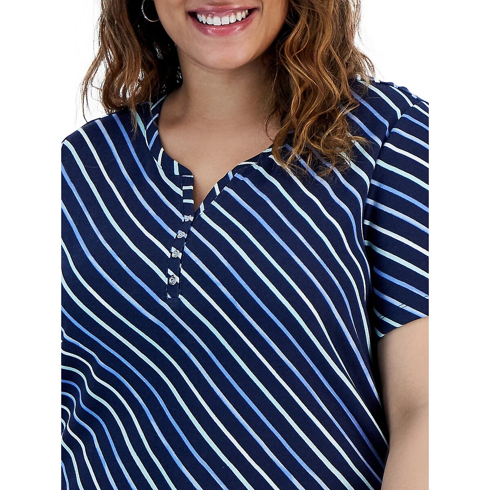 Plus Slanting Stripes Short-Sleeve Henley Top