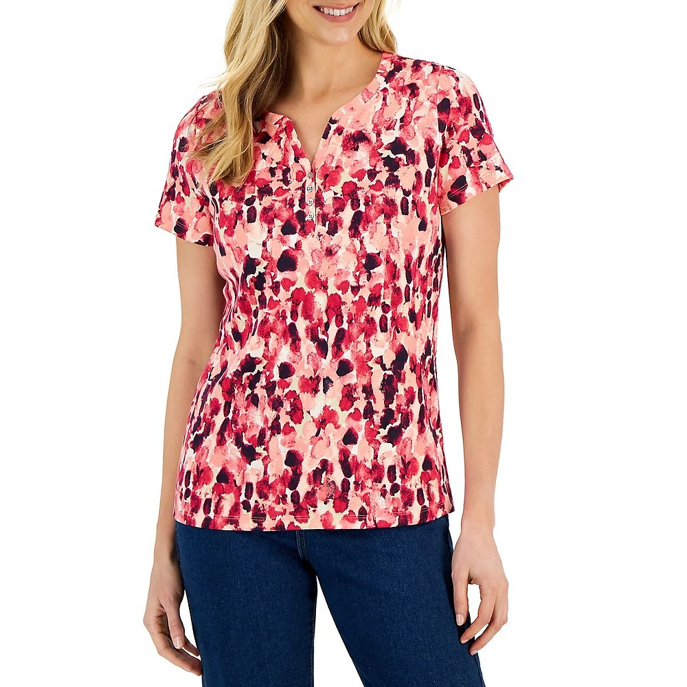 Petite ​Paintbrush Strokes Short-Sleeve Henley Top