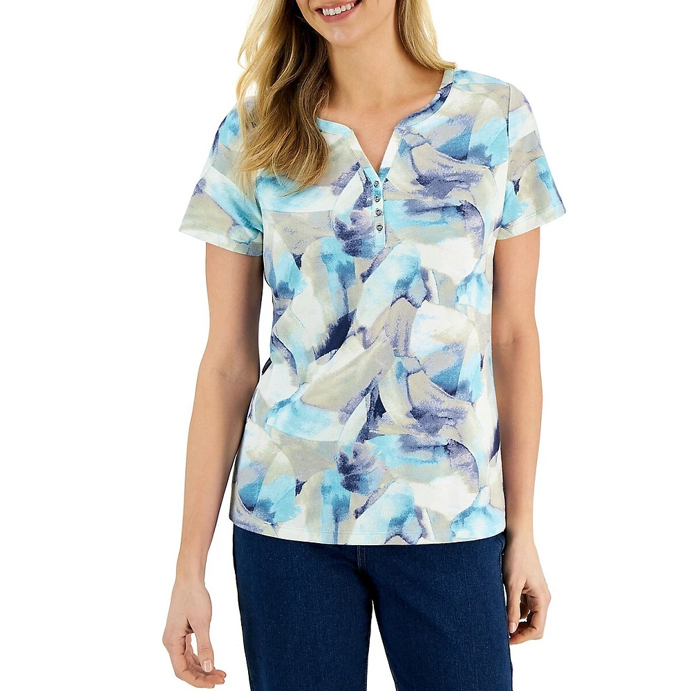 Petite Watercolour Reverie Short-Sleeve Henley Top