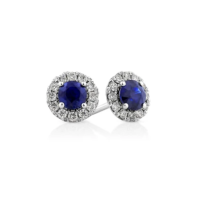 Halo Stud Earrings With Sapphire & 0.28 Carat Tw Of Diamonds In 10kt White Gold