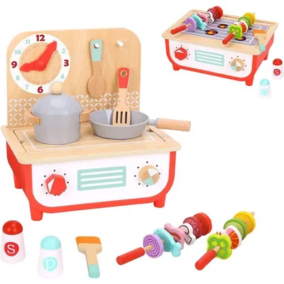 Wooden Pretend Cooking Playset - 23pcs - Play Kitchen Toy With Cooktop, Barbecue, Food Items And Accessories, Ages 3+