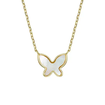 14k Yellow Gold Plated Sterling Silver With Mother Of Pearl Butterfly Layering Necklace