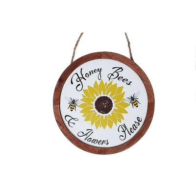 Framed Round Wood Sign Honey Bees & Flowers Please