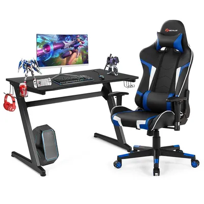 Z-shaped Racing Style Desk & Massage Gaming Chair Set For Home Office