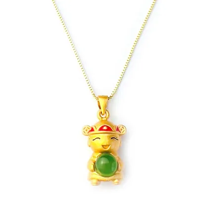 Natural Jade And Crystal God Of Wealth Pendant With 18k Gold Plated Necklace