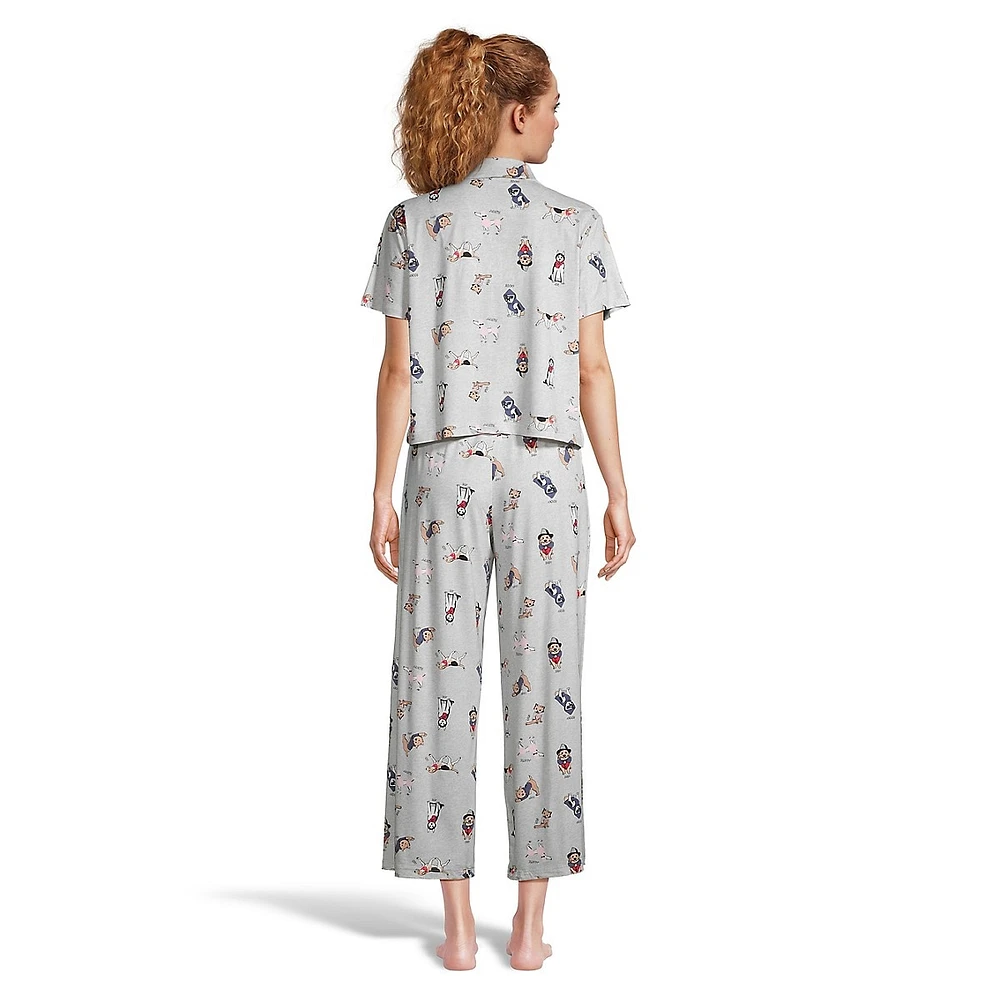 2-Piece Notch-Collar Short-Sleeve Shirt & Capri Pyjama Set