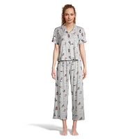 2-Piece Notch-Collar Short-Sleeve Shirt & Capri Pyjama Set