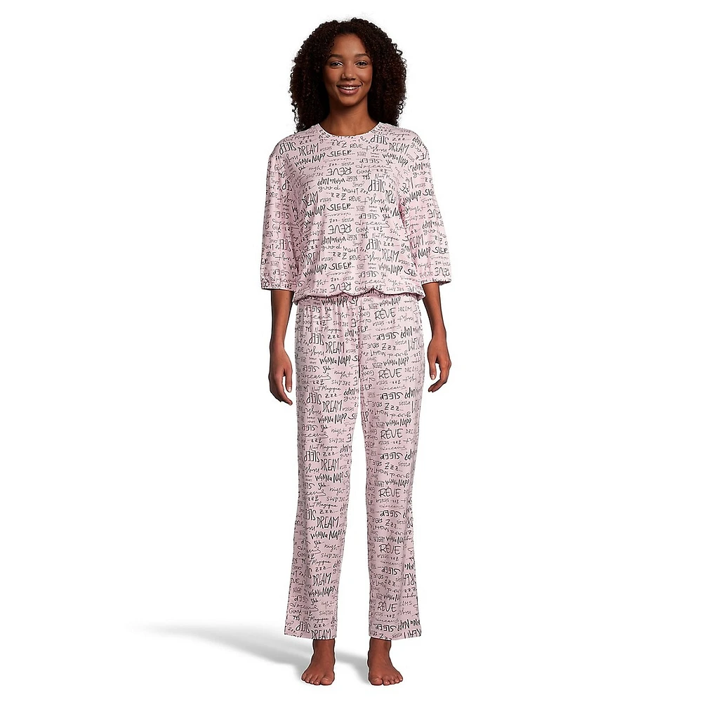 Ensemble pyjama 2 pièces avec haut à manches trois-quarts bouffantes et pantalon