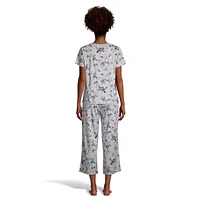 2-Piece Picot Edged & Shirred T-Shirt Capri Pyjama Set