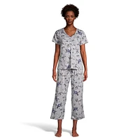 2-Piece Picot Edged & Shirred T-Shirt Capri Pyjama Set