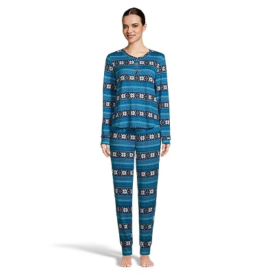 Holiday-Print 2-Piece Knit Henley Top & Jogger Pyjama Set