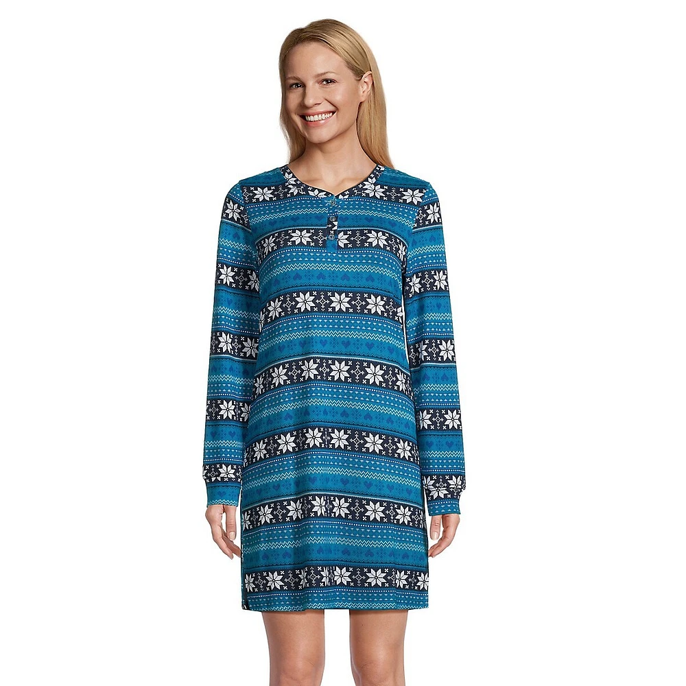 Holiday-Print Knit Henley Sleepshirt