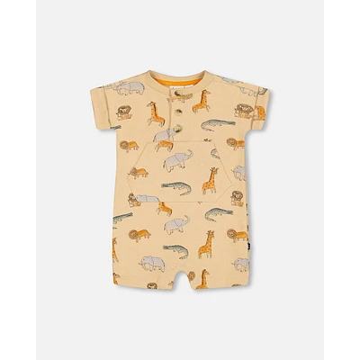 French Terry Romper Beige Printed Jungle Animal