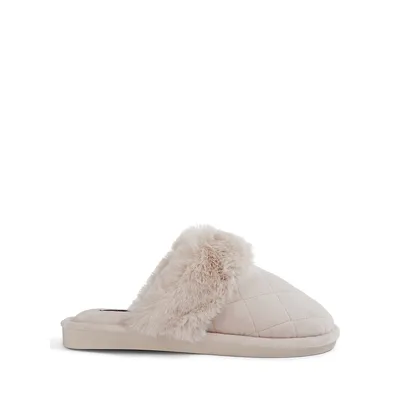 Faux Fur-Cuff Quilted-Microfibre Mule Slippers