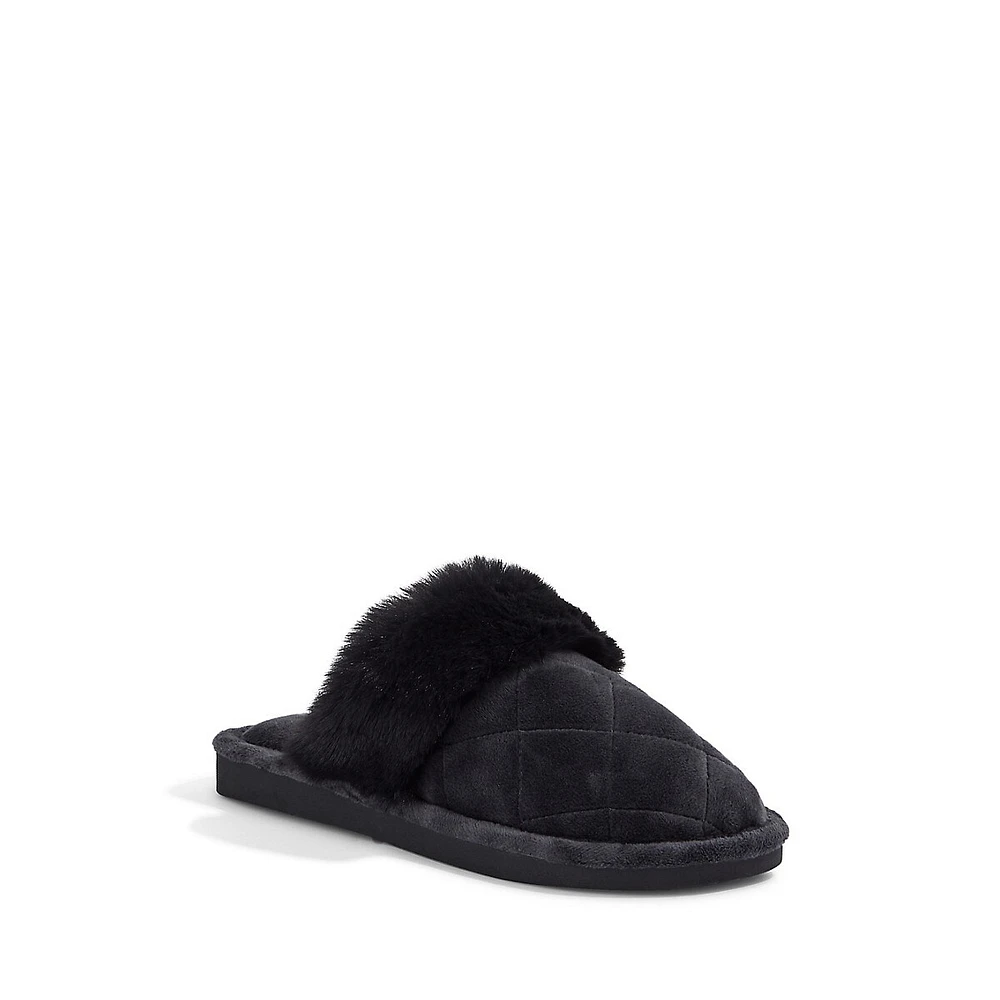 Faux Fur-Cuff Quilted-Microfibre Mule Slippers