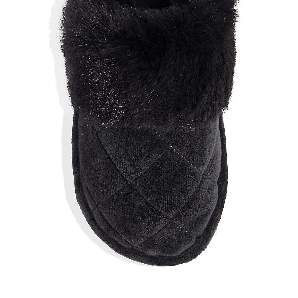 Faux Fur-Cuff Quilted-Microfibre Mule Slippers