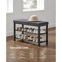 Shoe Bench With 3-tier Shoe Rack, Padded Linen Seat And Metal Frame, Gray