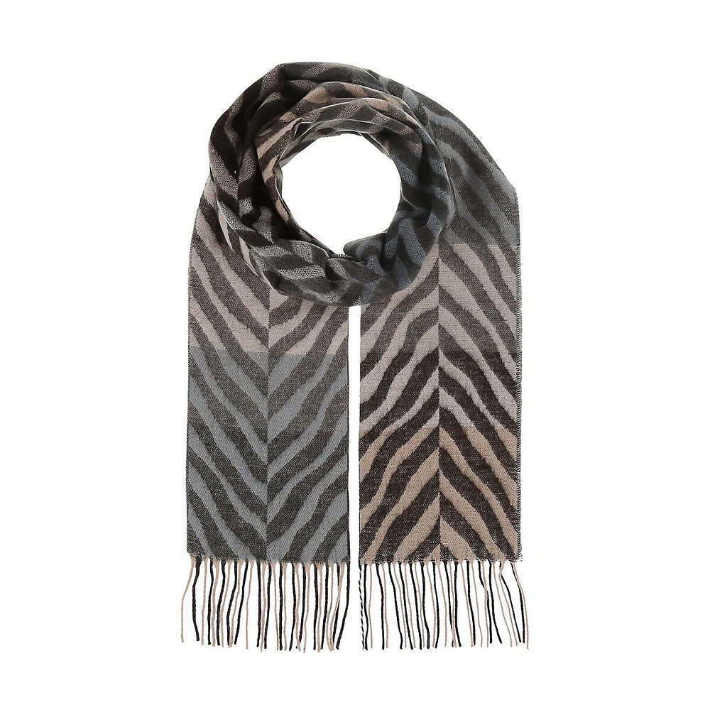 Fringed Animal-Print Colourblock Scarf