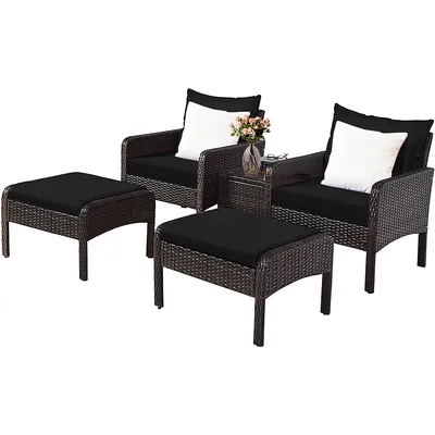 5 Pcs Patio Rattan Wicker Furniture Set Sofa Ottoman Coffee Table Cushioned