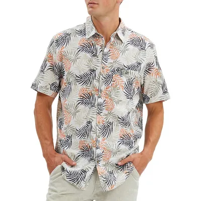 Chemise à manches courtes en lin et coton imprimé tropical