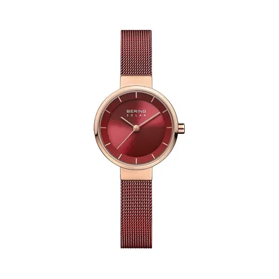 Solar Rose-Goldtone Stainless Steel & Red Mesh Bracelet Watch