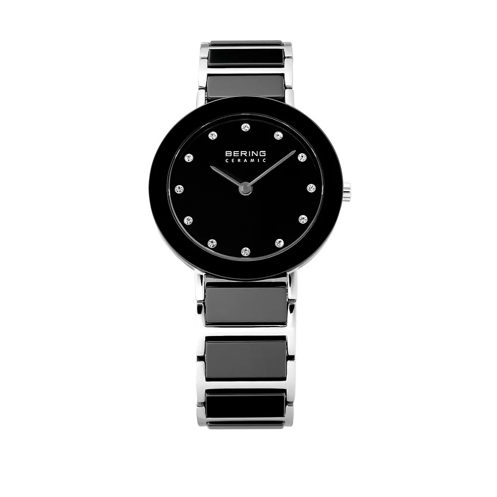 Montre-bracelet en inox et céramique avec cadran noir et cristaux, collection Ceramic