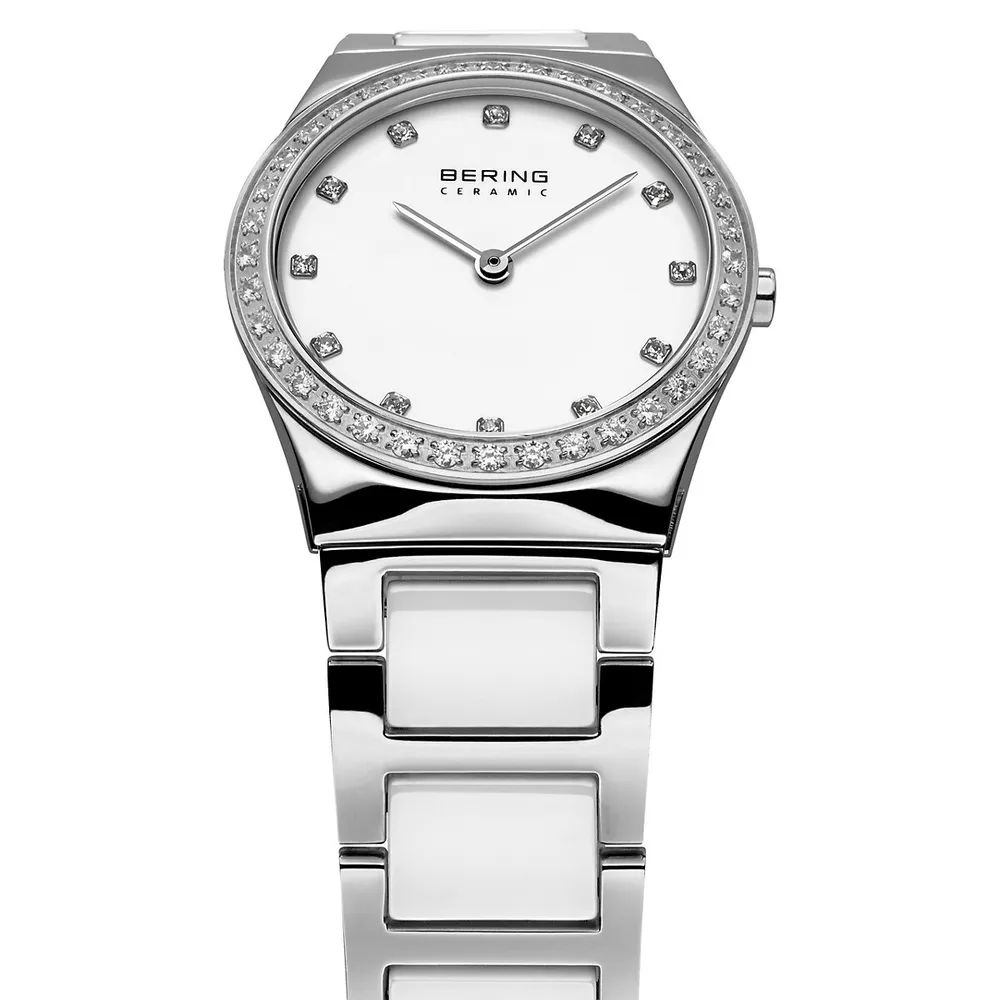 Silvertone Ceramic Stainless Steel and Crystal Bracelet Watch