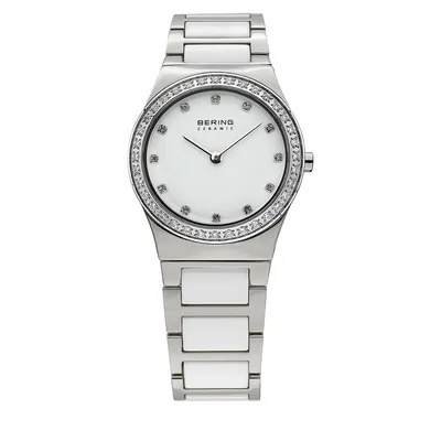 Silvertone Ceramic Stainless Steel and Crystal Bracelet Watch