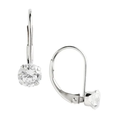 14K Rhodium Plated White Gold Cubic Zirconia Leverback Earrings