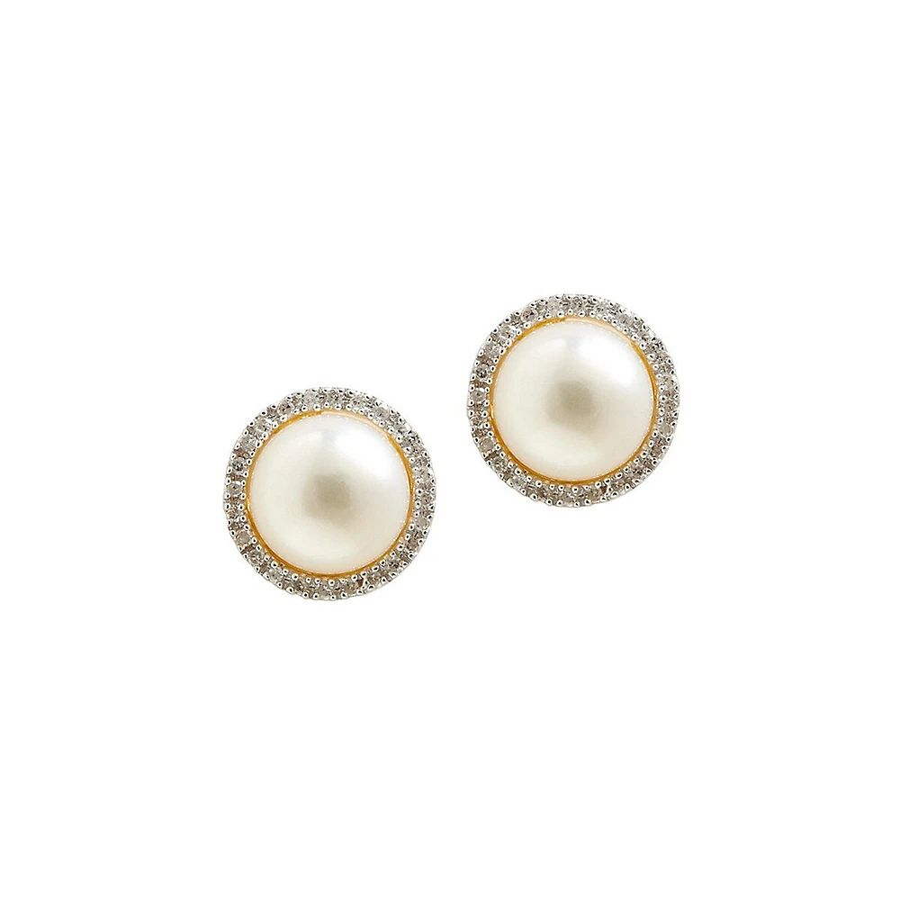 10K Yellow Gold Diamond And 8mm Pearl Earrings