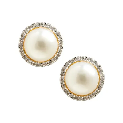 10K Yellow Gold Diamond And 8mm Pearl Earrings