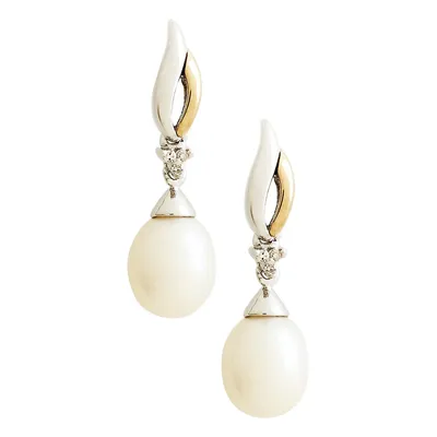 14K Yellow Gold Sterling Silver Diamond and Ball Drop 8mm Pearl Earrings