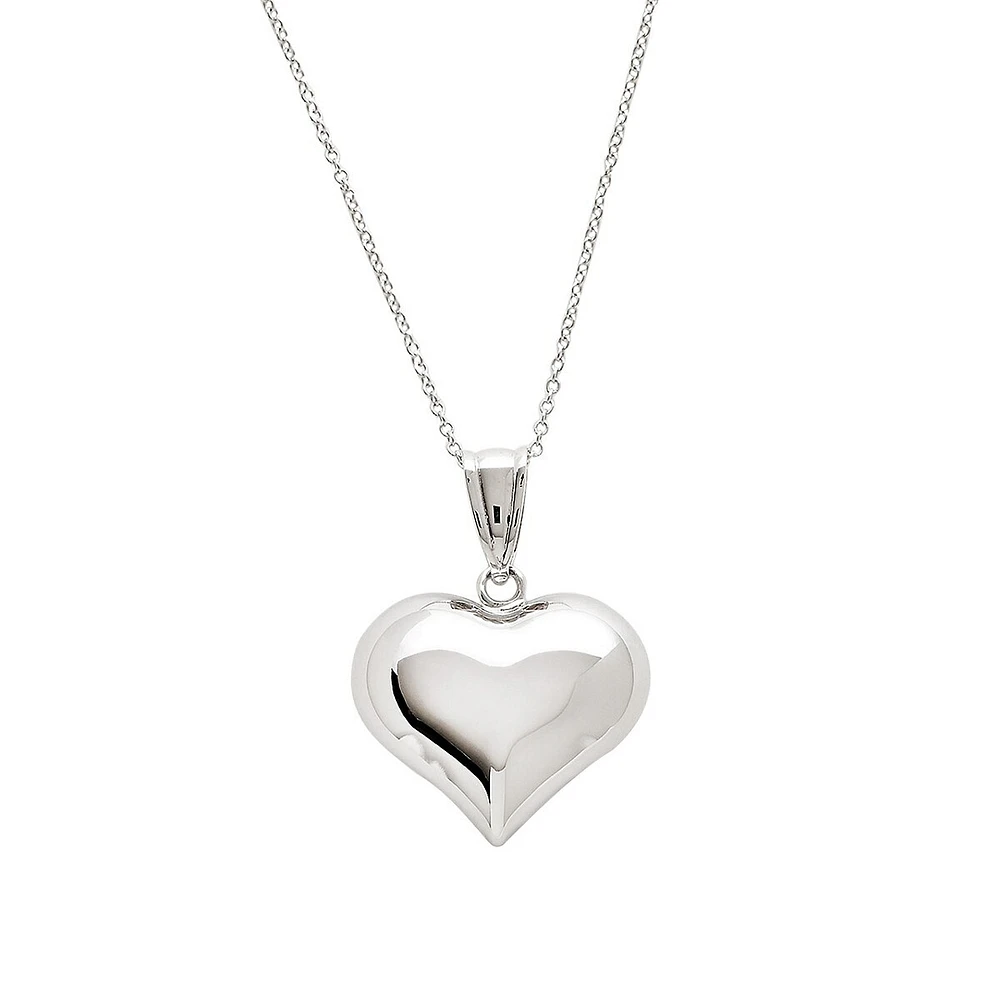 Pendentif coeur bombe en or blanc 14 k au fini poli avec chaine