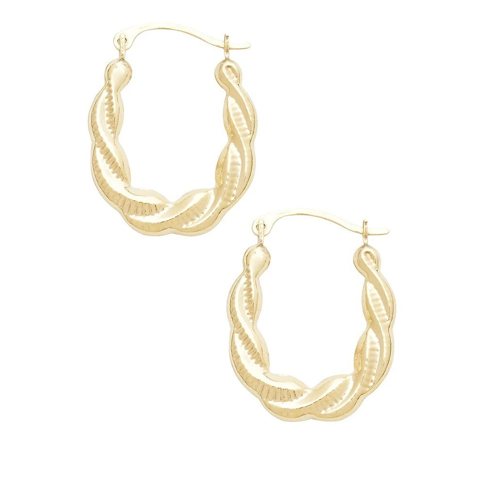 14K Yellow Gold Oval Shaped Twist Patterned Hoop Earrings