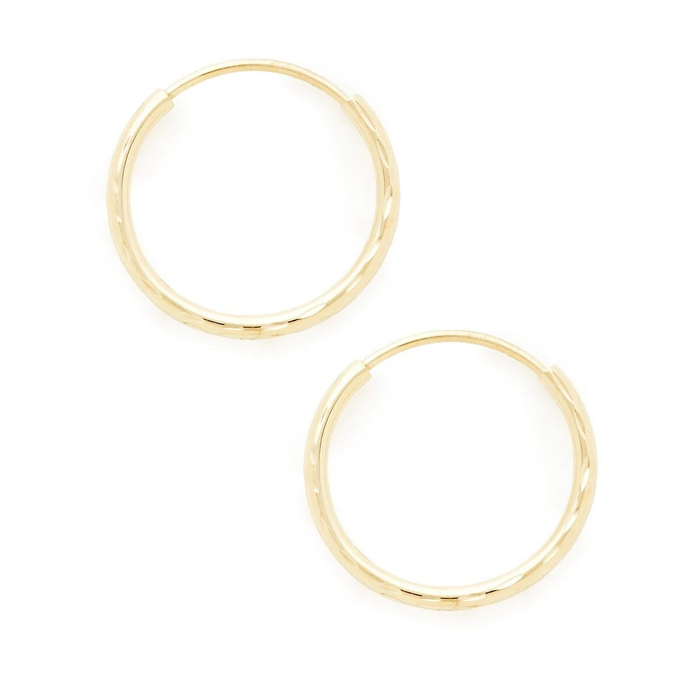 14K Yellow Gold 12mm Full Diamond Cut Endless Tube Hoops