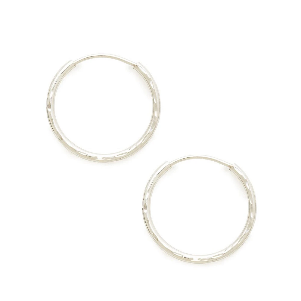 14Kt White Gold Rhodium Plated 14mm Full Diamond Cut Endless Hoops