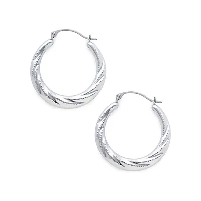 14K White Gold Rhodium Plated 23mm Hollow Twist Hoops With Beaded Finish