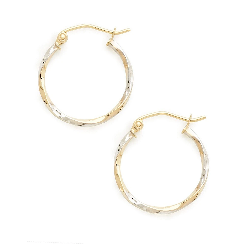 14Kt Yellow Gold 1.9X20Mm Polished Hollow Twist Tube Hoops With Rhodium Plated Accents