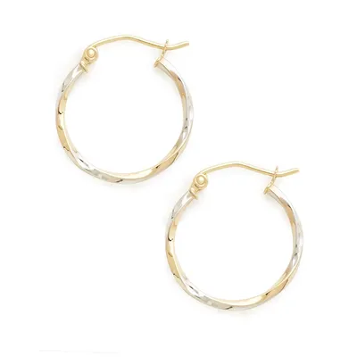 14Kt Yellow Gold 1.9X20Mm Polished Hollow Twist Tube Hoops With Rhodium Plated Accents