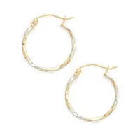 14Kt Yellow Gold 1.9X20Mm Polished Hollow Twist Tube Hoops With Rhodium Plated Accents