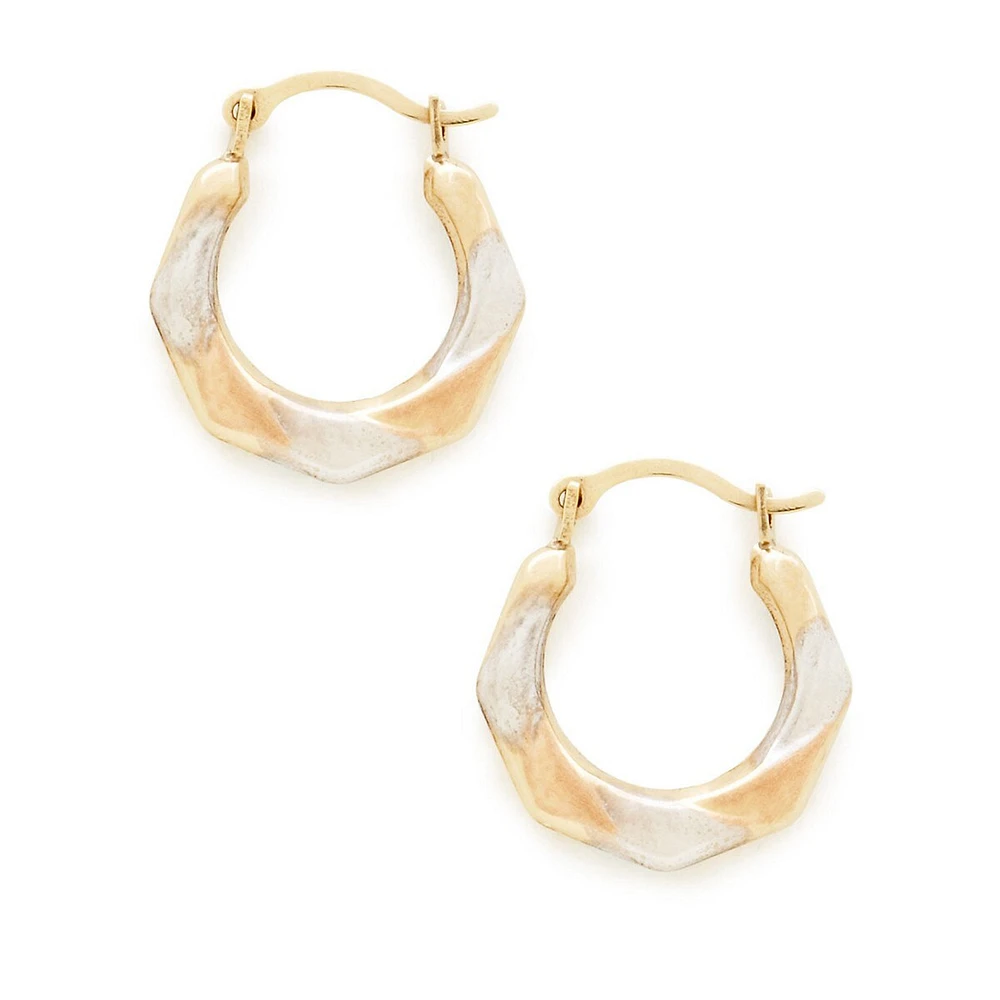 Anneaux d'oreilles creux et satinés à deux faces de 15 mm en or jaune, blanc et rose 14 K. Tiges à charnière et fermoirs