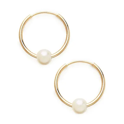 10Kt Yellow Gold 14mm Hoops With 4mm White Freshwater Pearl Beads