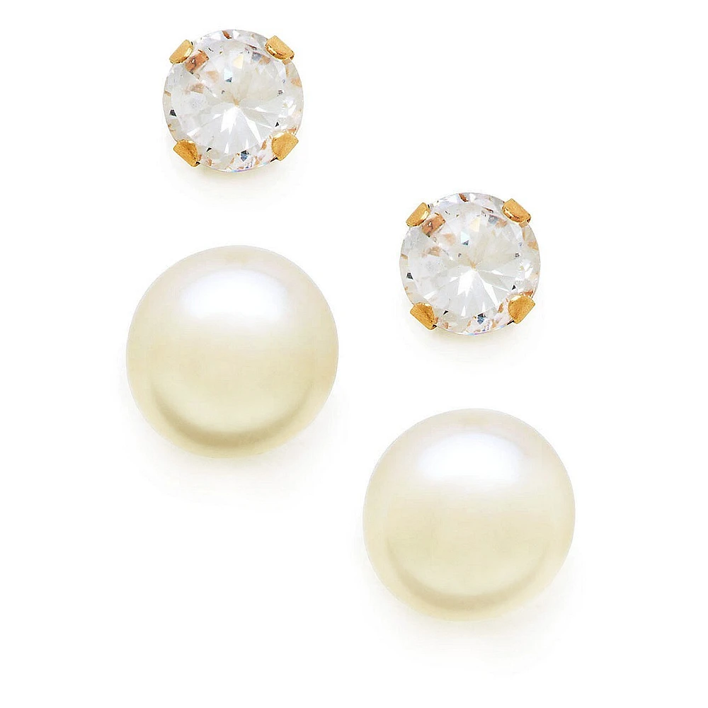 Kid's 2-Pair 14K Yellow Gold, 4MM Pearl & Cubic Zirconia Stud Earrings