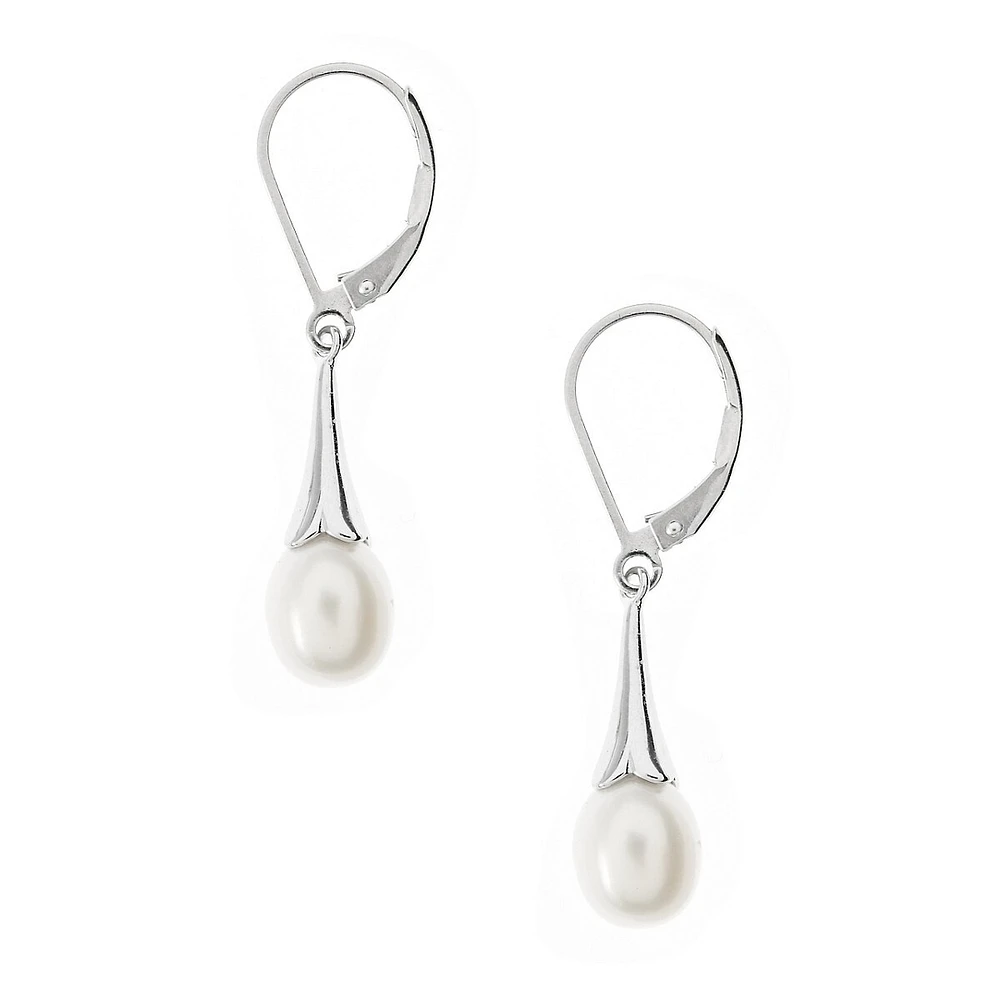 Rhodium-Plated Sterling Silver & 9MM Freshwater Pearl Drop Earrings