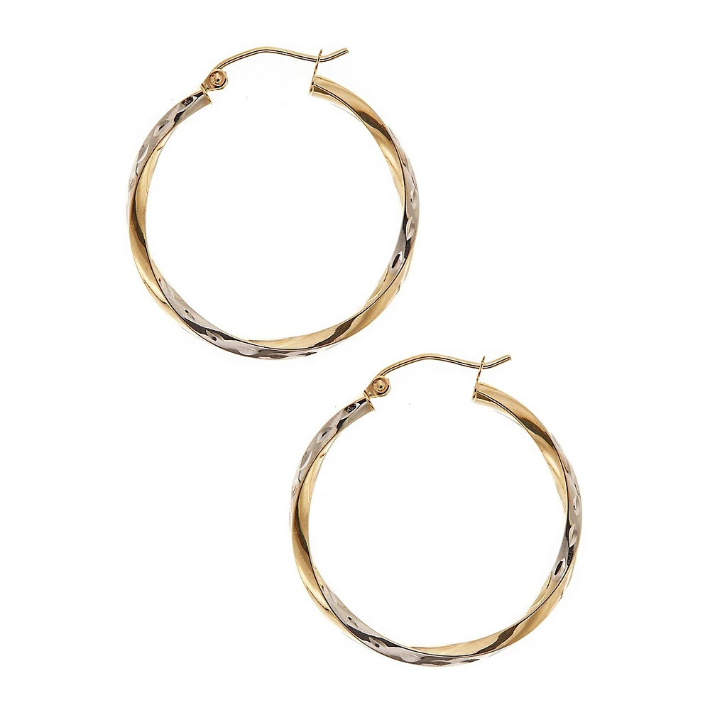 10Kt Yellow And White Gold 3x30mm Hollow Twist Tube Hoops With Hinged Earwires And Snap In Closure