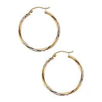 10Kt Yellow And White Gold 3x30mm Hollow Twist Tube Hoops With Hinged Earwires And Snap In Closure