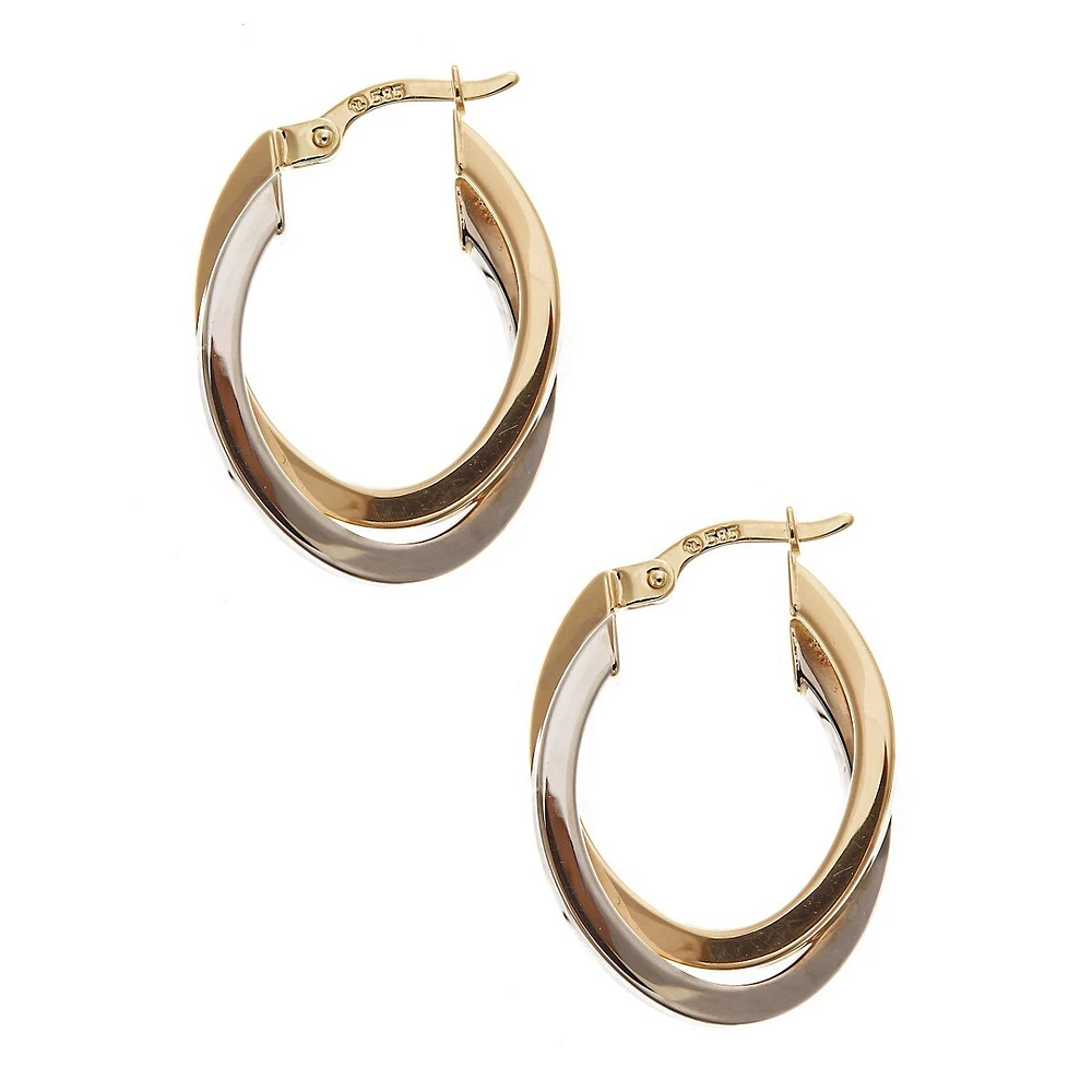 14Kt Yellow And White Gold Polished Oval Double Tube Hoops With Hinged Earwires And Snap In Closure