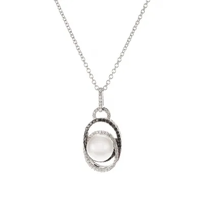 Sterling Silver Pearl Pendant Necklace with White and Black Diamonds